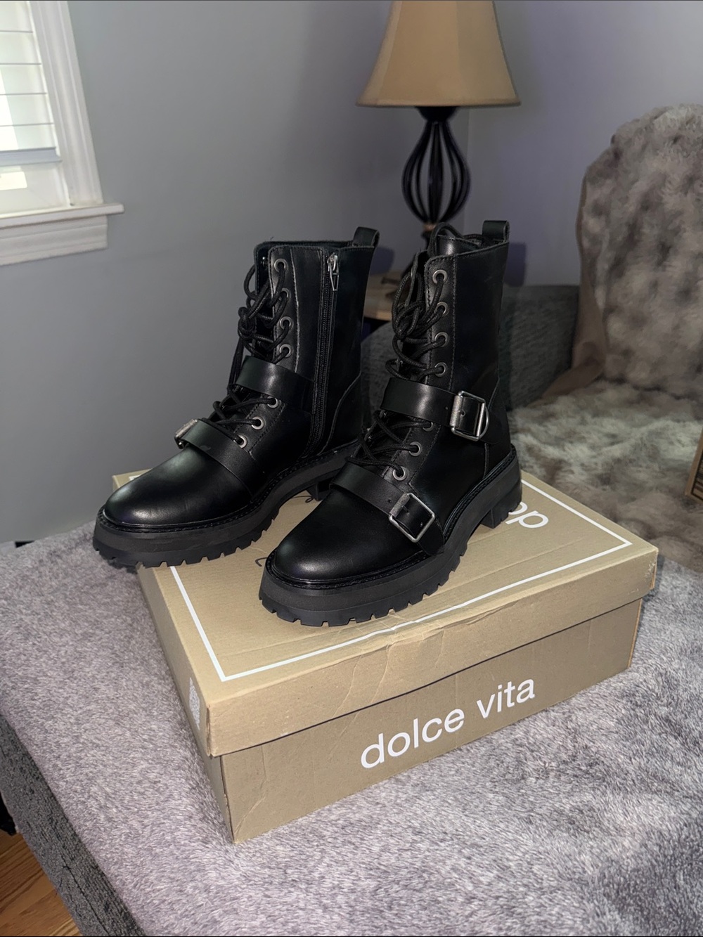 BNWT AND BOX Dolce Vita Black Leather Lace-Up Combat Boots with Buckle Straps.